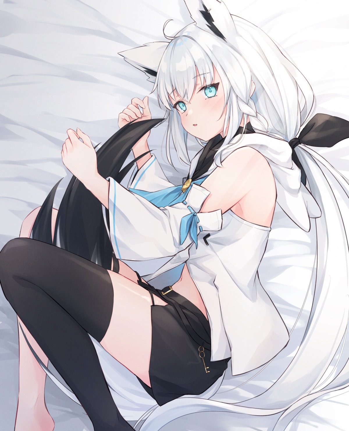 animal_ears garter hololive hololive_gamers kitsune no_bra shano_hiyori shirakami_fubuki tail thighhighs