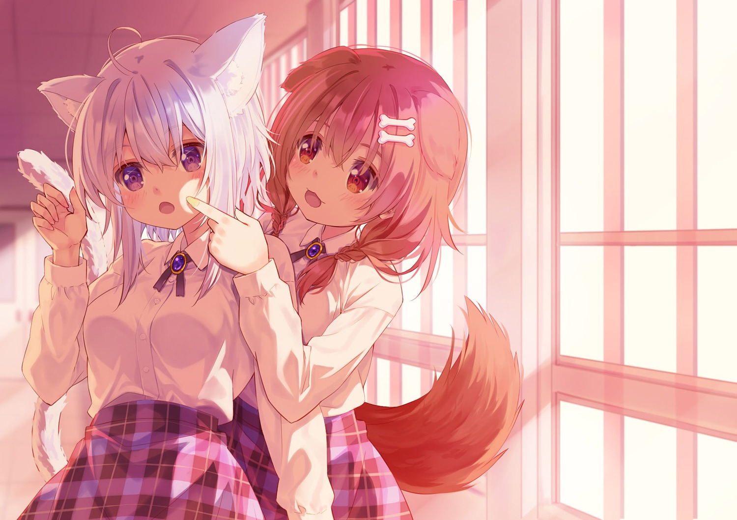 54hao animal_ears hololive hololive_gamers inugami_korone inumimi nekomata_okayu nekomimi seifuku tail yuri