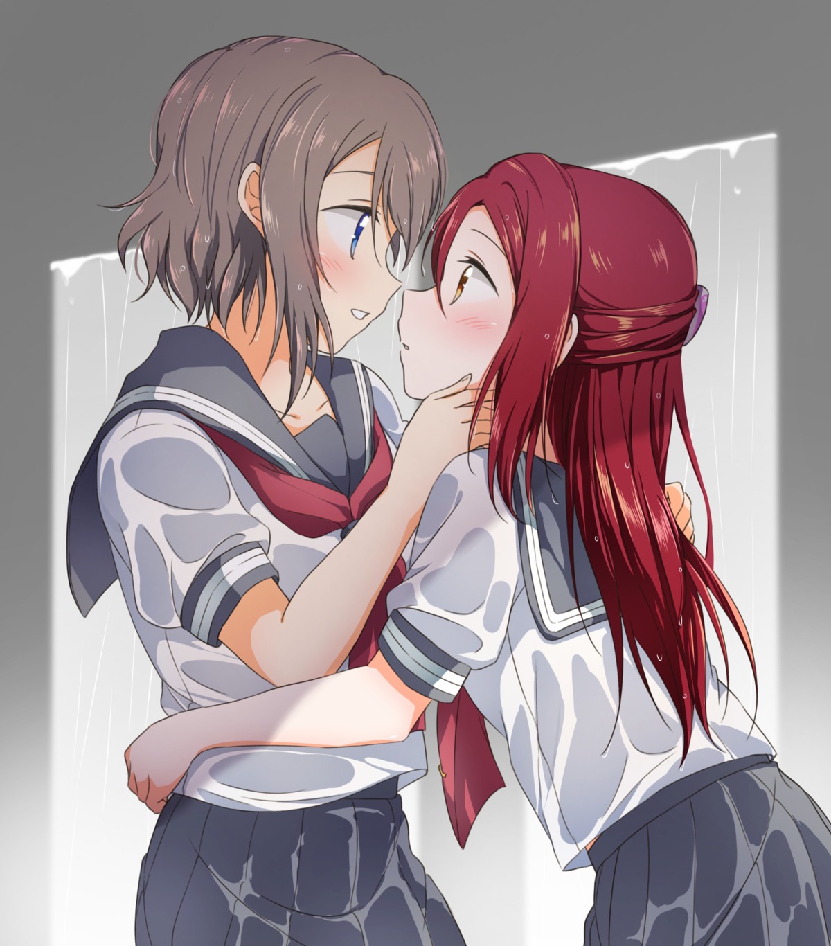 love_live!_sunshine!! sakurauchi_riko seifuku watanabe_you wet_clothes yuchi_(salmon-1000) yuri