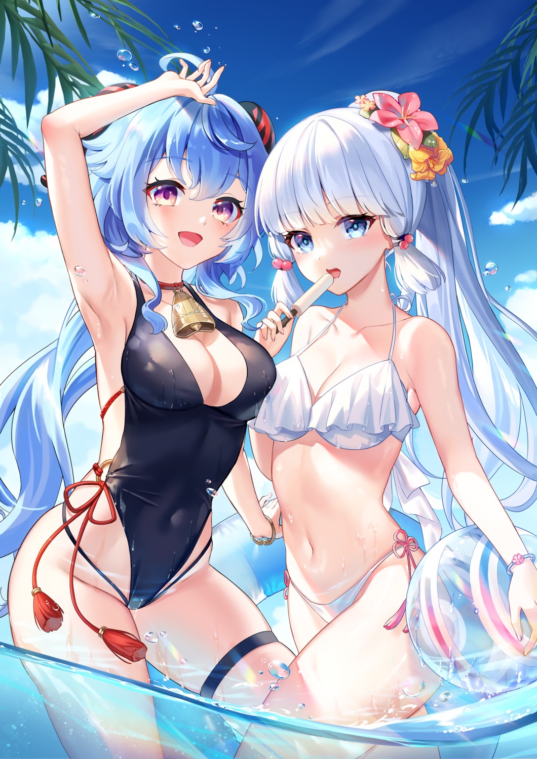 bikini cleavage ganyu garter genshin_impact horns kamisato_ayaka lalazyt swimsuits wet