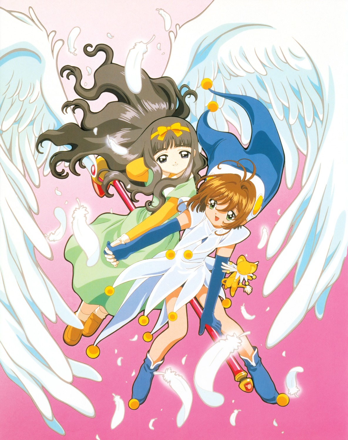 card_captor_sakura daidouji_tomoyo dress fly_(card_captor_sakura) kerberos kinomoto_sakura madhouse takahashi_kumiko weapon wings