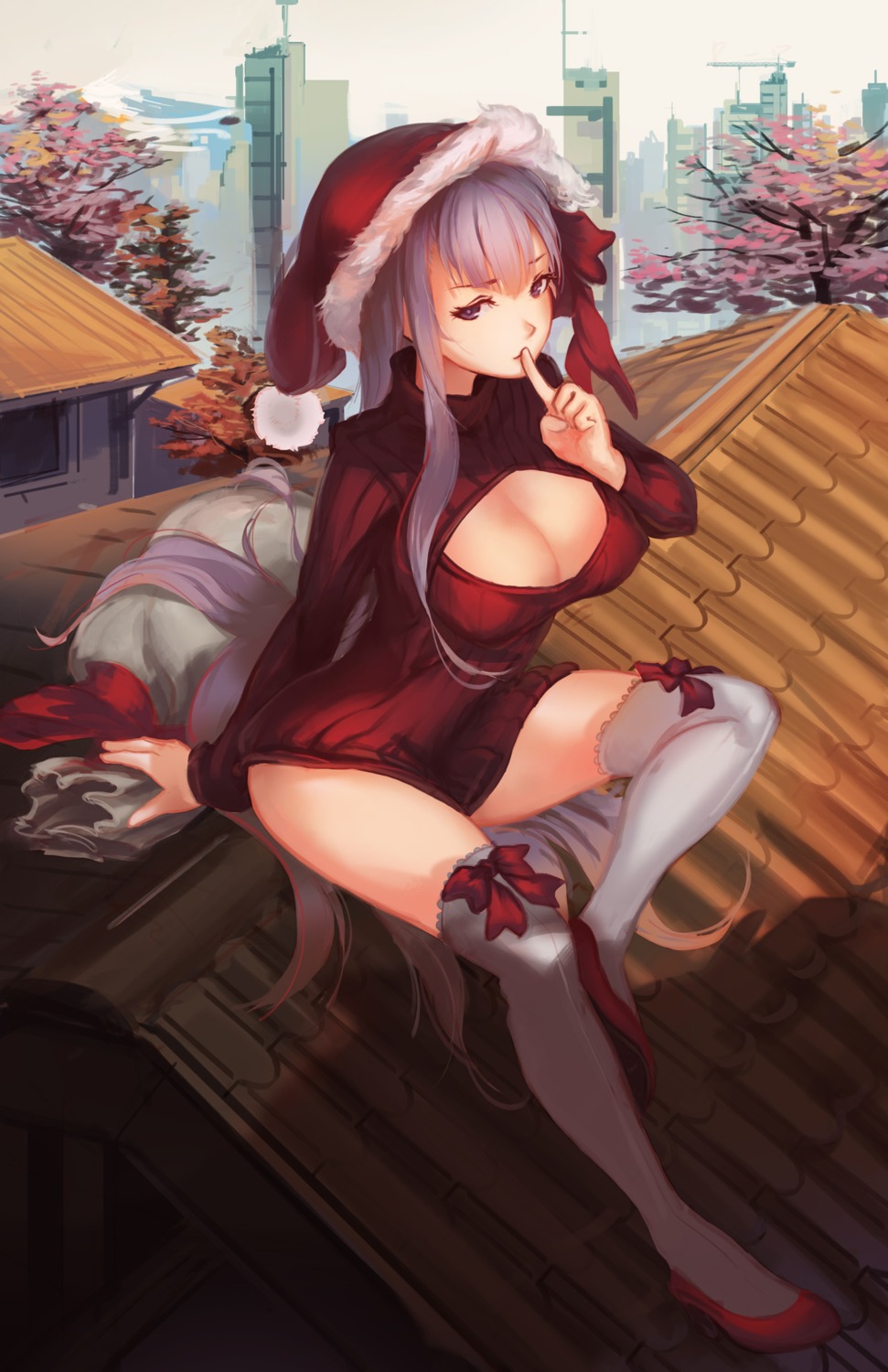 bb_(fate/extra_ccc) christmas cleavage erect_nipples fate/extra fate/extra_ccc fate/stay_night no_bra softmode sweater thighhighs