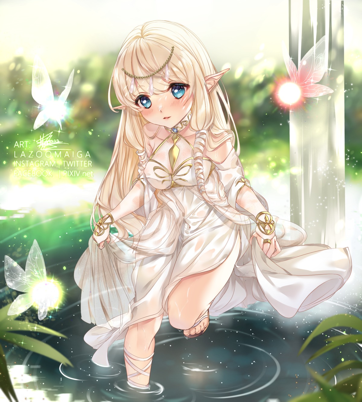 dress pointy_ears see_through skirt_lift tagme wet wet_clothes