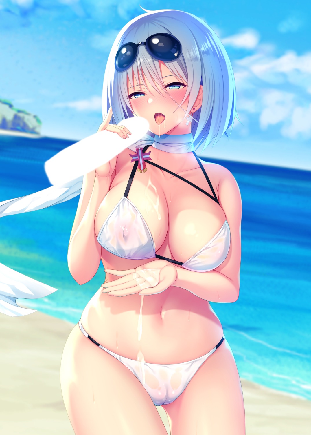 azur_lane bikini cameltoe censored cum handjob megane minase_kuuru nipples penis see_through swimsuits tirpitz_(azur_lane)