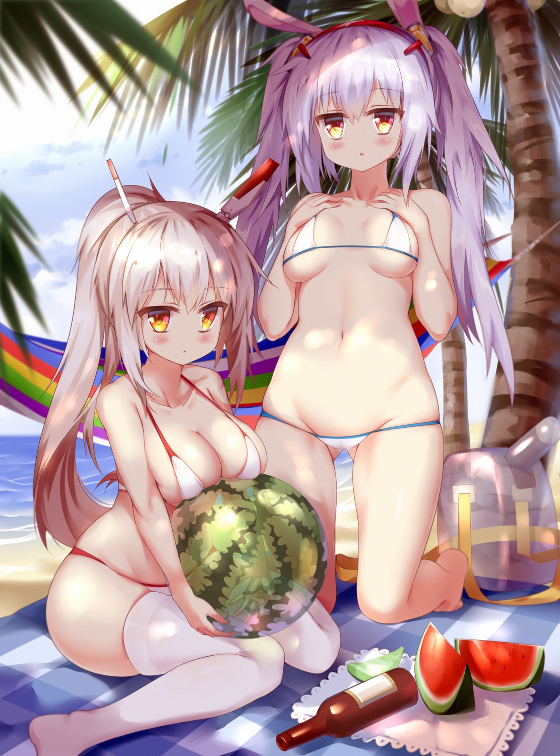 animal_ears ayanami_(azur_lane) azur_lane bikini bunny_ears cafe_pretor cameltoe laffey_(azur_lane) panty_pull swimsuits