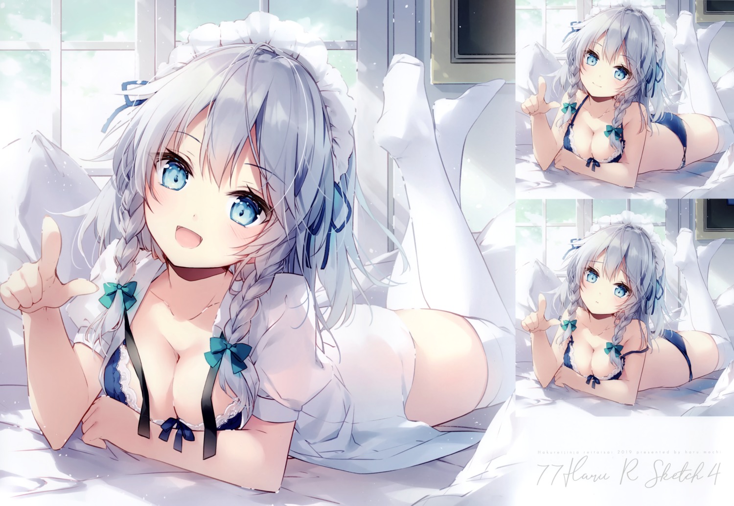 bra breast_hold cleavage izayoi_sakuya maid mochizuki_shiina open_shirt pantsu thighhighs touhou