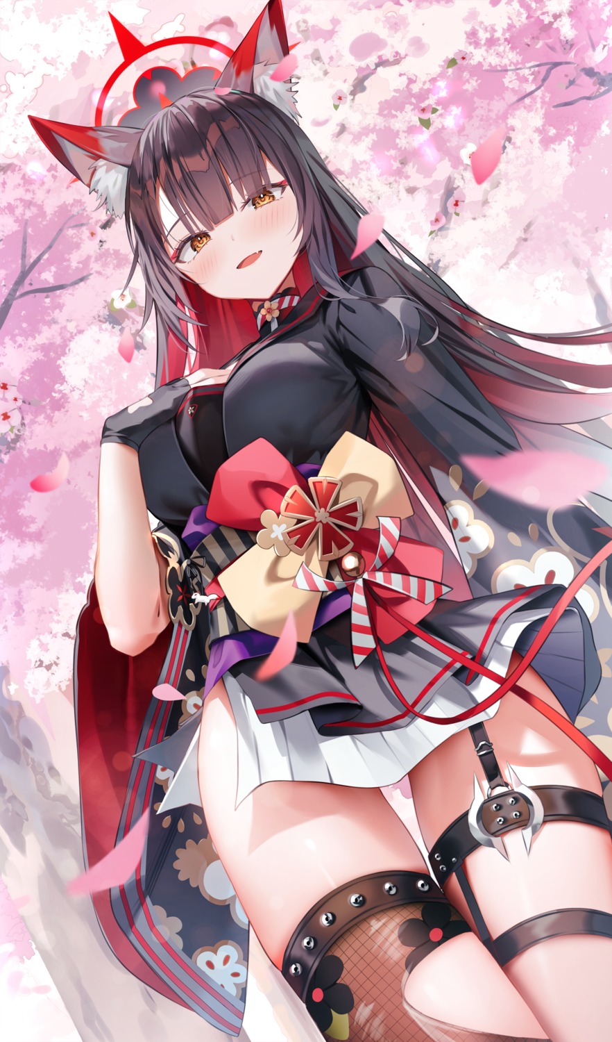 animal_ears blue_archive fishnets garter halo japanese_clothes kitsune kosaka_wakamo seifuku shuvi_(shuvi1125) skirt_lift thighhighs torn_clothes