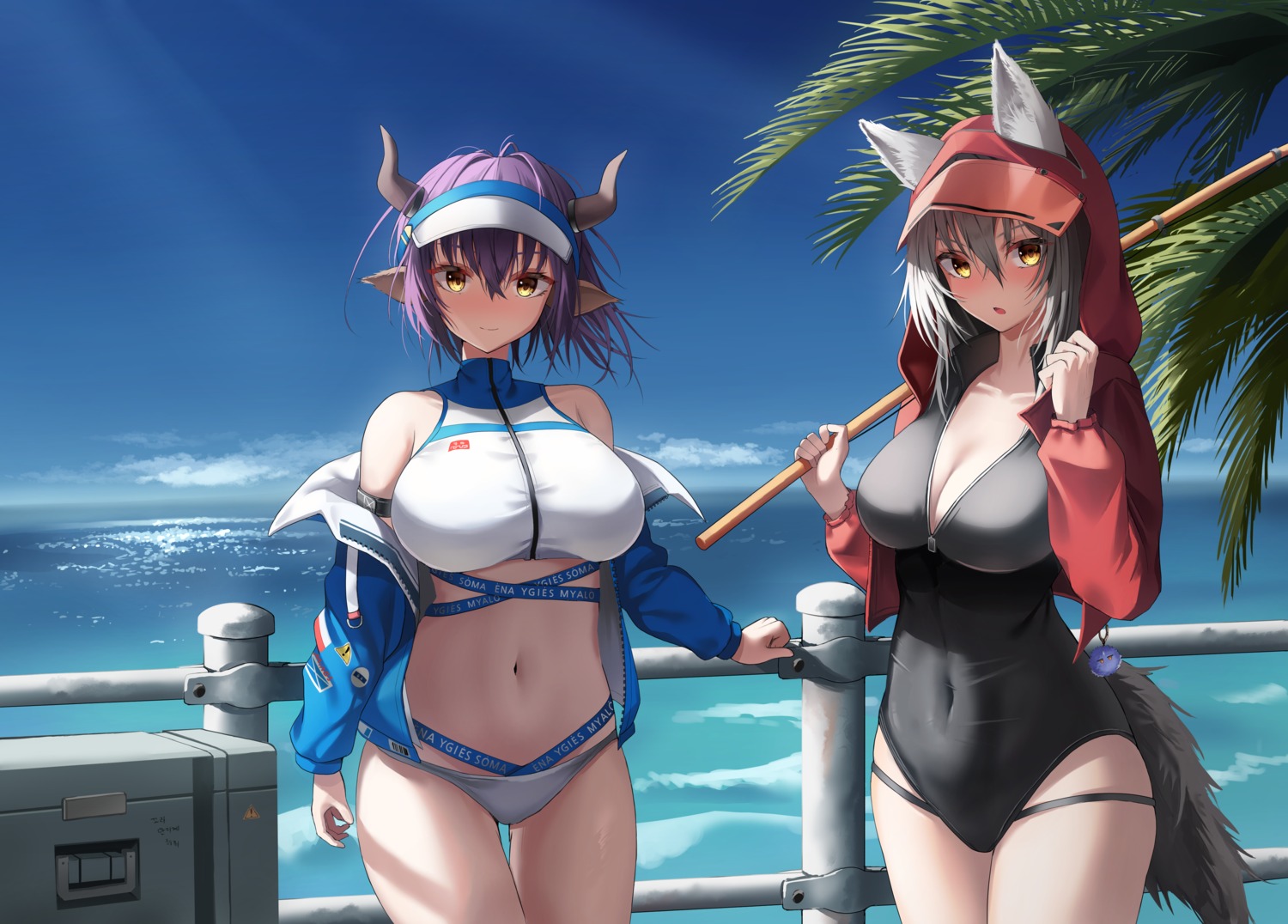 animal_ears arknights bikini chun_bae cleavage horns open_shirt projekt_red_(arknights) sideroca_(arknights) swimsuits tail