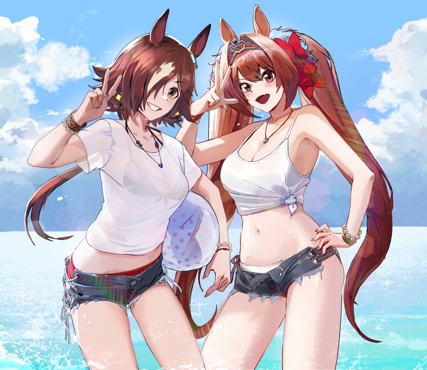 animal_ears bikini cleavage daiwa_scarlet_(umamusume) kawa683 see_through swimsuits torn_clothes uma_musume_pretty_derby vodka_(umamusume) wet