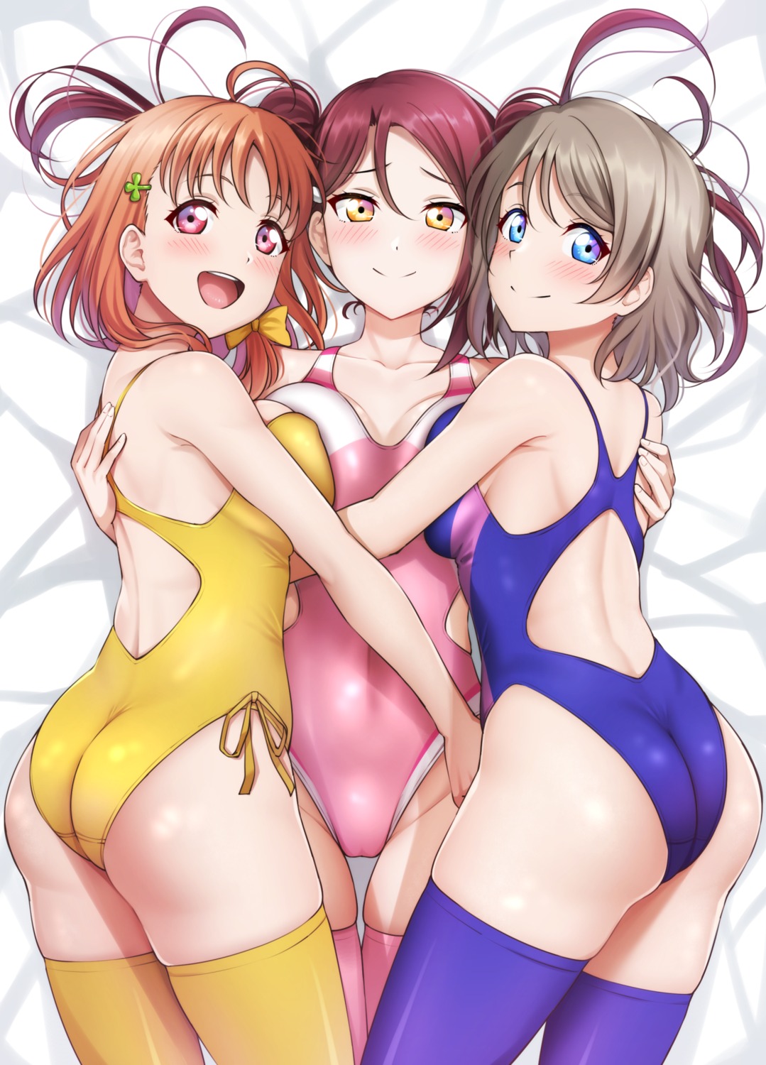 ass cameltoe love_live!_sunshine!! mibushiro sakurauchi_riko swimsuits symmetrical_docking takami_chika thighhighs watanabe_you