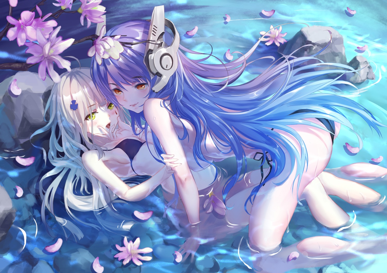 ass bikini bikini_top bottomless girls_frontline headphones hk416_(girls_frontline) shan-n swimsuits tar-21_(girls_frontline) topless wet yuri