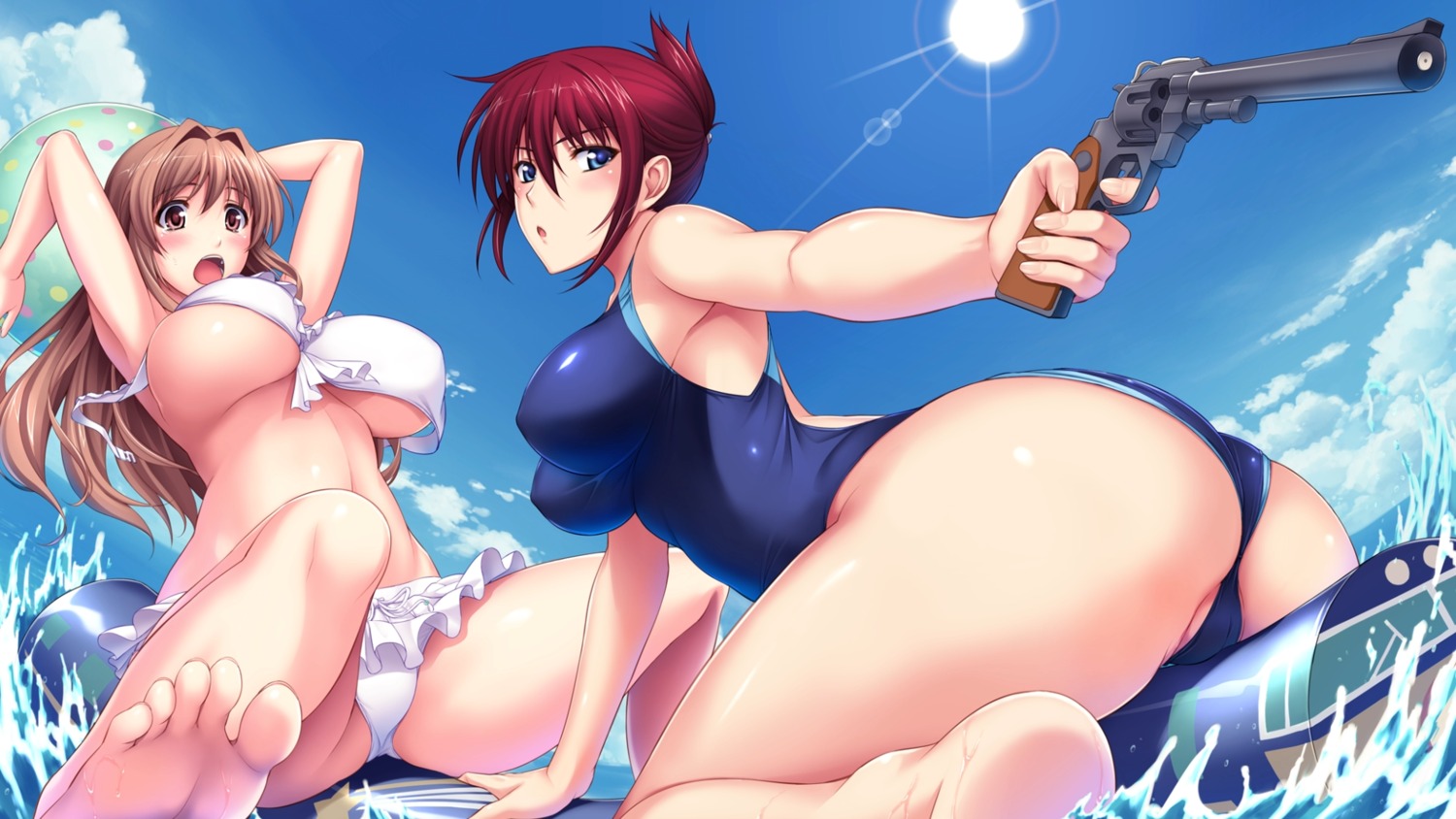 ass bikini cameltoe erect_nipples feet gun ishigaki_takashi koumi_haruka rail_wars! sakurai_aoi_(rail_wars!) swimsuits underboob wardrobe_malfunction wet