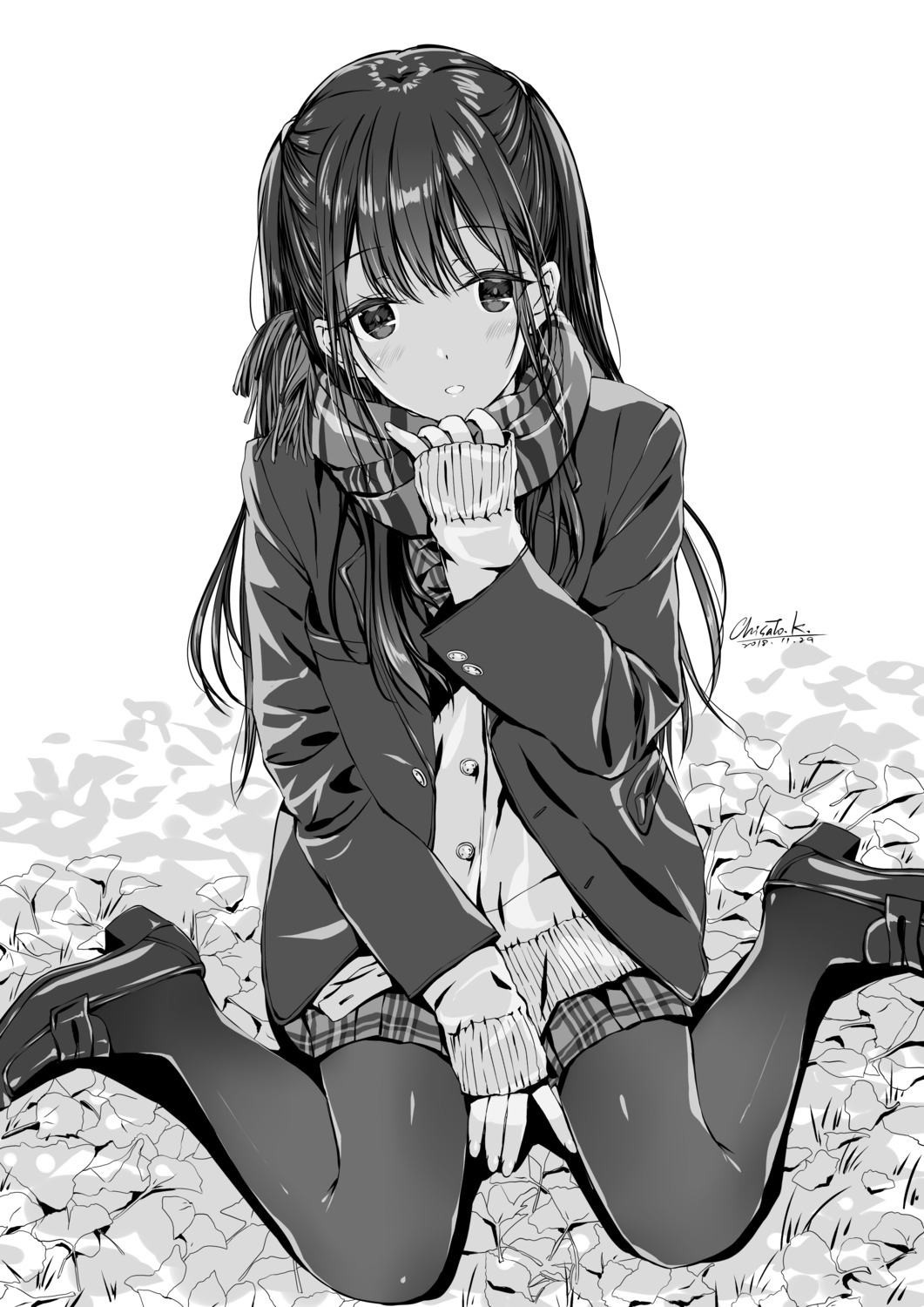 heels kobayashi_chisato monochrome pantyhose seifuku sweater