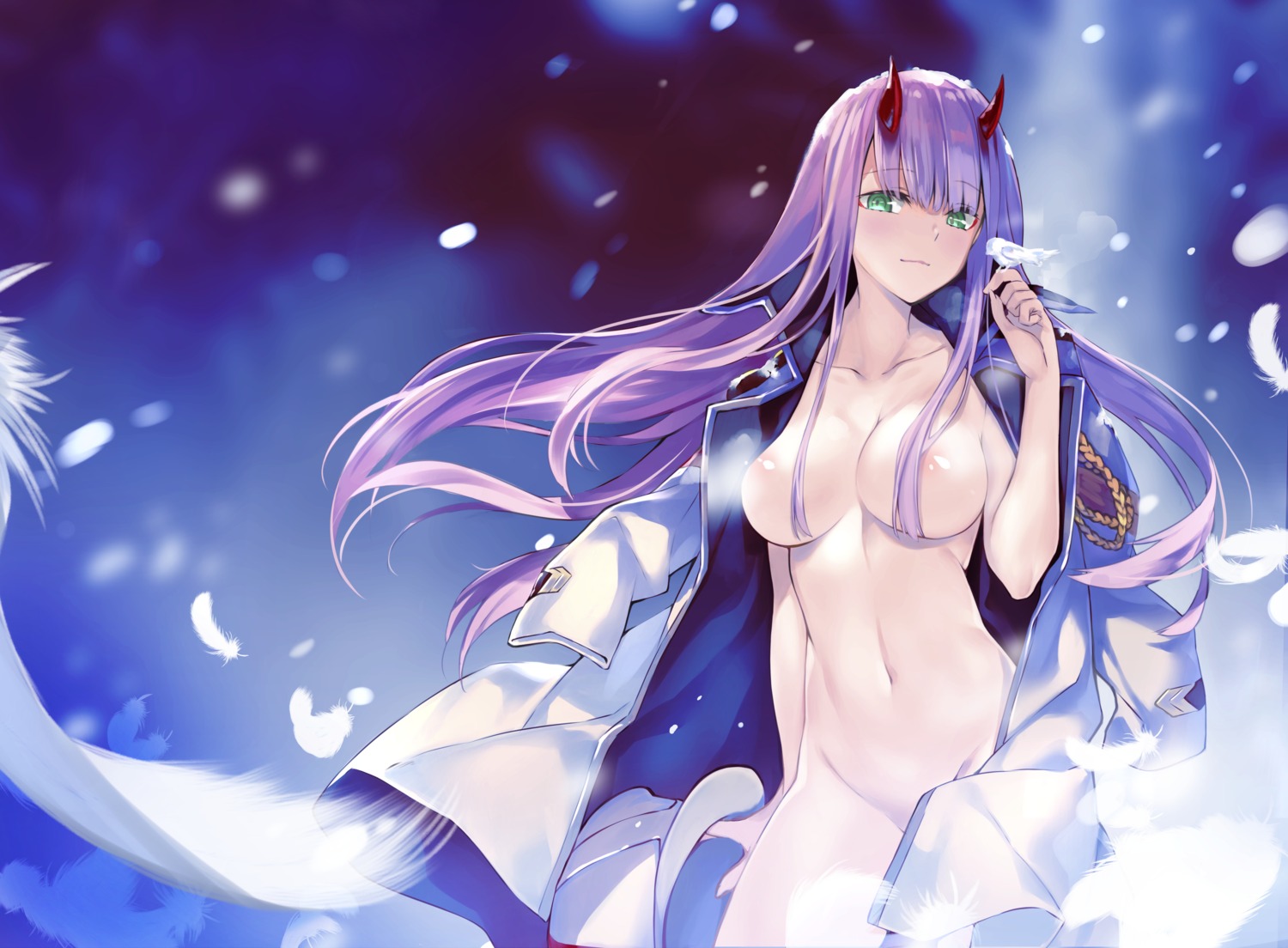 darling_in_the_franxx horns naked_cape nipples rei zero_two_(darling_in_the_franxx)