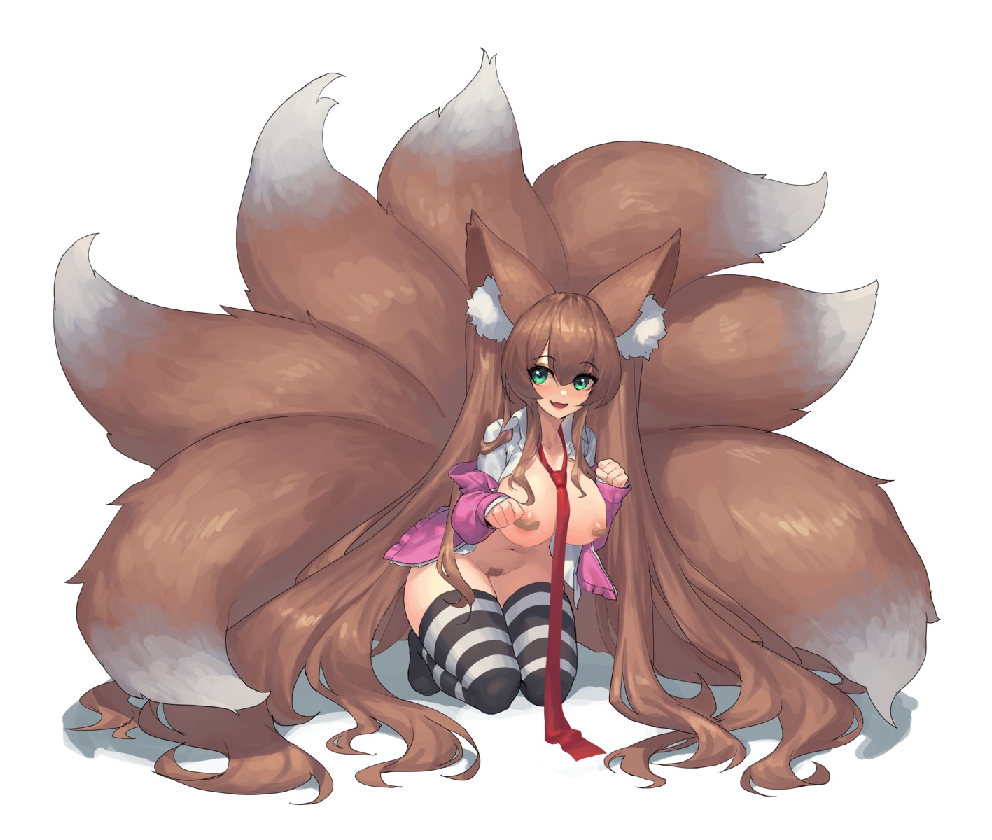 animal_ears areola bandaid bottomless breasts dekka kitsune no_bra open_shirt pasties plushmallow seifuku sweater tail thighhighs