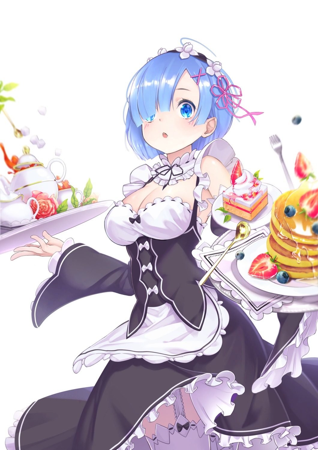 maid re_zero_kara_hajimeru_isekai_seikatsu rem_(re_zero) skirt_lift stockings thighhighs zhuang_yao