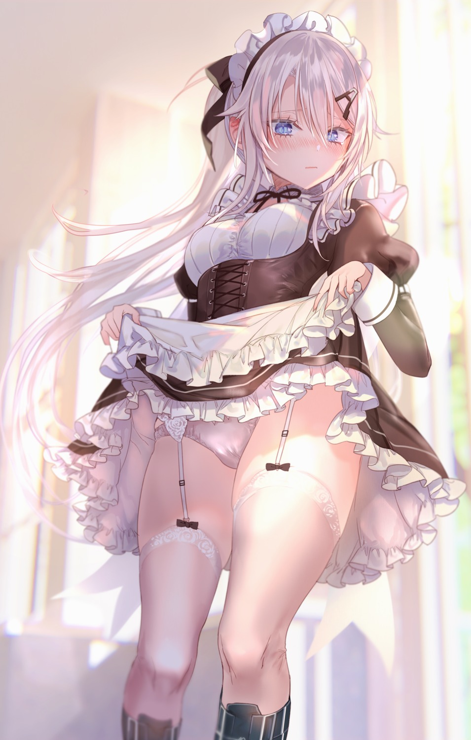 9a-91_(girls_frontline) cameltoe girls_frontline maid pantsu pottsness skirt_lift stockings thighhighs