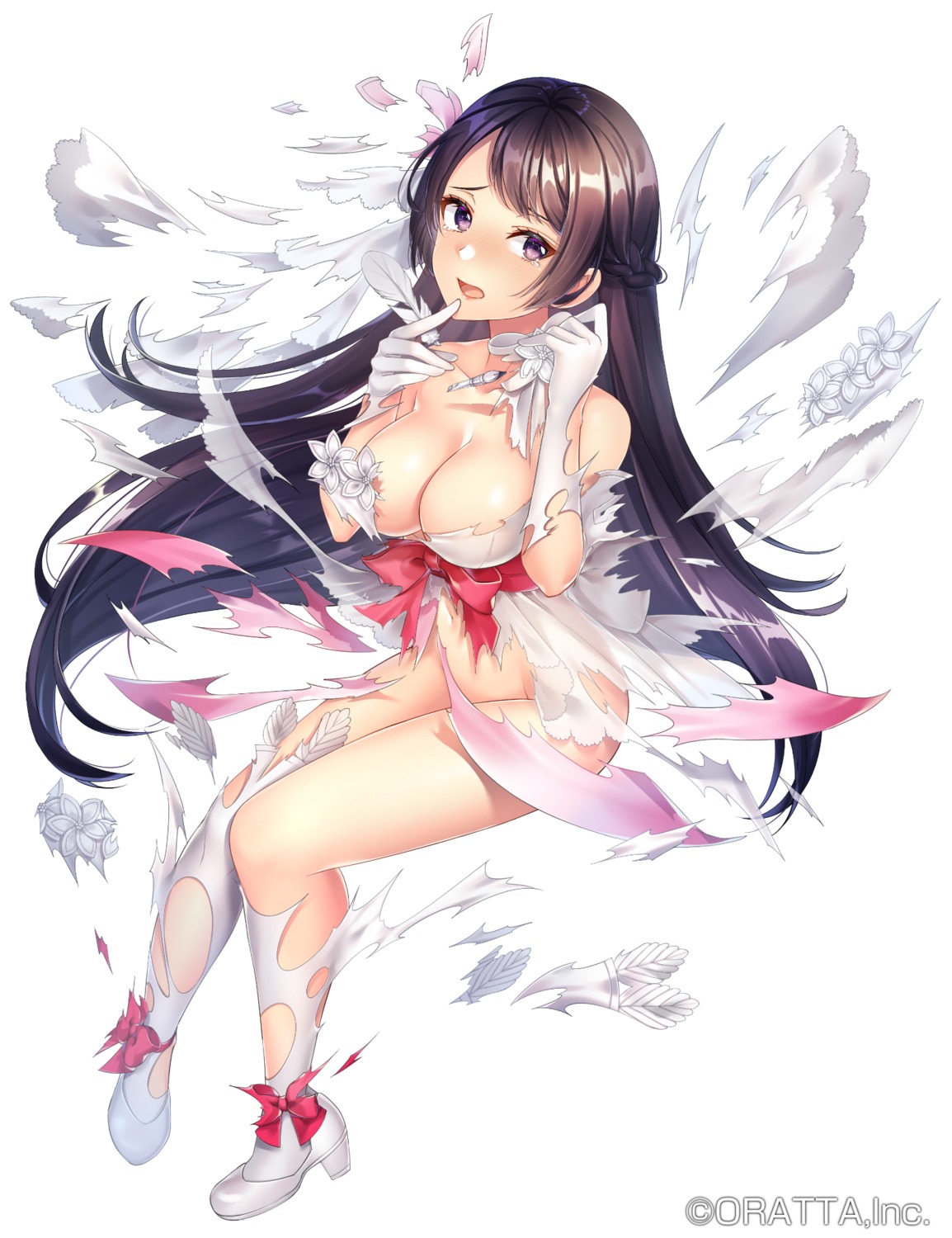 chloris_garden dress heels kitazume_kumie no_bra nopan thighhighs torn_clothes wardrobe_malfunction