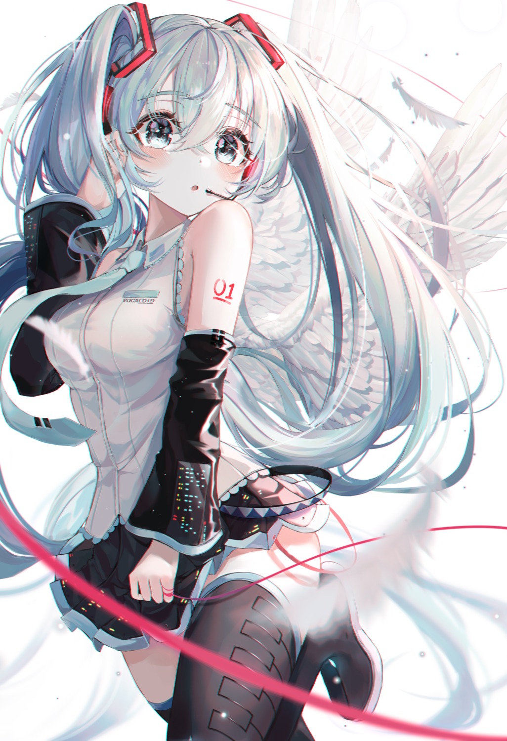 bbeedol hatsune_miku headphones skirt_lift tattoo thighhighs vocaloid