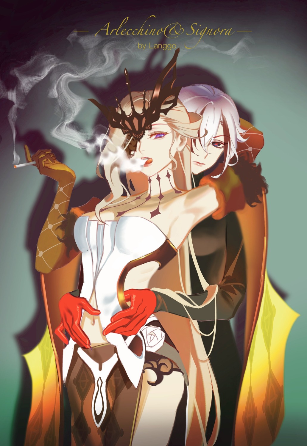 arlecchino genshin_impact langgo no_bra signora smoking yuri