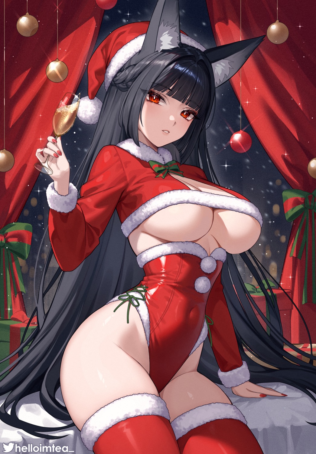 animal_ears christmas helloimtea hoshimi_miyabi kitsune leotard no_bra thighhighs zenless_zone_zero