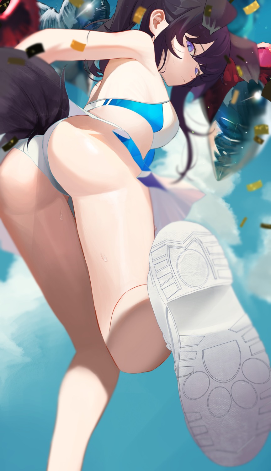 animal_ears ass blue_archive cheerleader cherrymaru inumimi nekozuka_hibiki no_bra pantsu skirt_lift tail thong