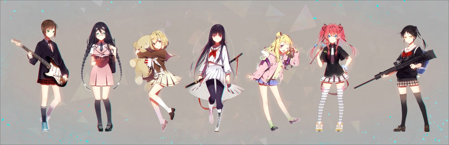 guitar gun hakusai_(tiahszld) heels megane pantyhose seifuku sweater sword thighhighs weapon