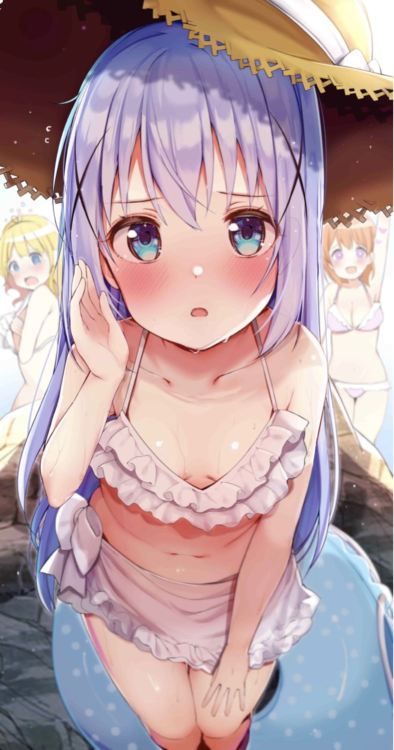 bikini breast_hold gochuumon_wa_usagi_desu_ka? hoto_cocoa kafuu_chino kirima_sharo loli rouka swimsuits wardrobe_malfunction wet