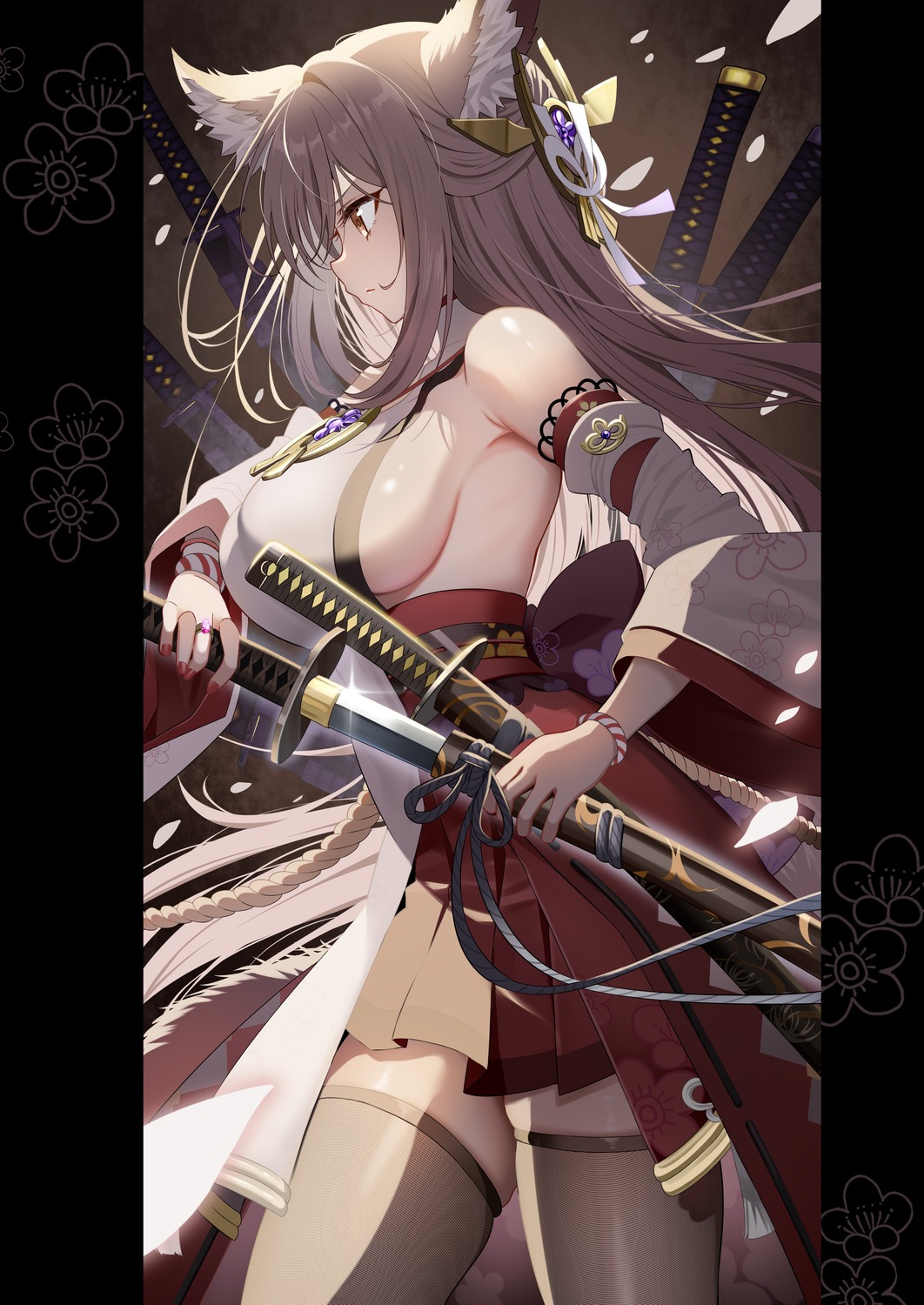 animal_ears japanese_clothes no_bra piyopoyo sword tail thighhighs