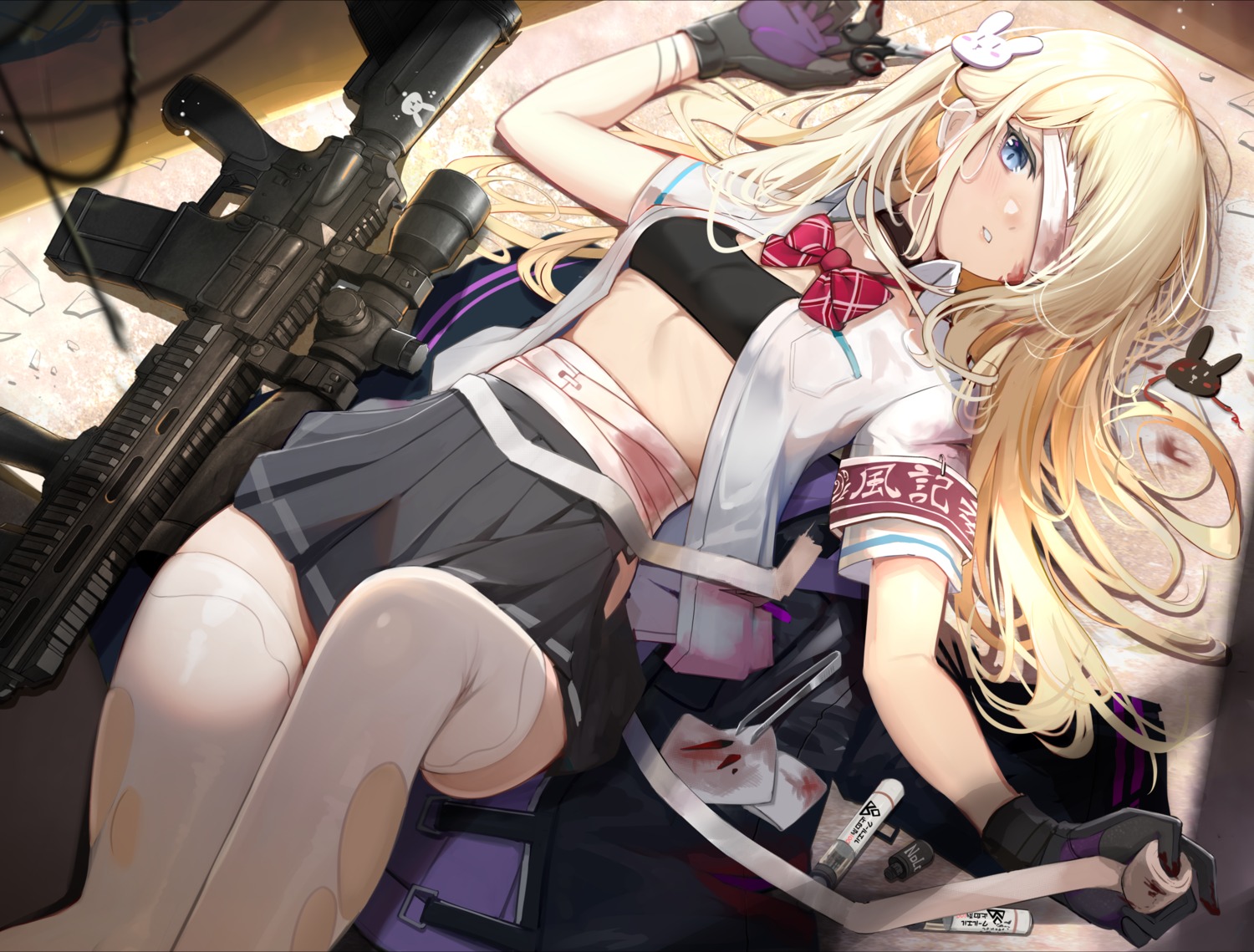 bandages blood bra cleavage eyepatch gun open_shirt see_through seifuku shimanun thighhighs torn_clothes