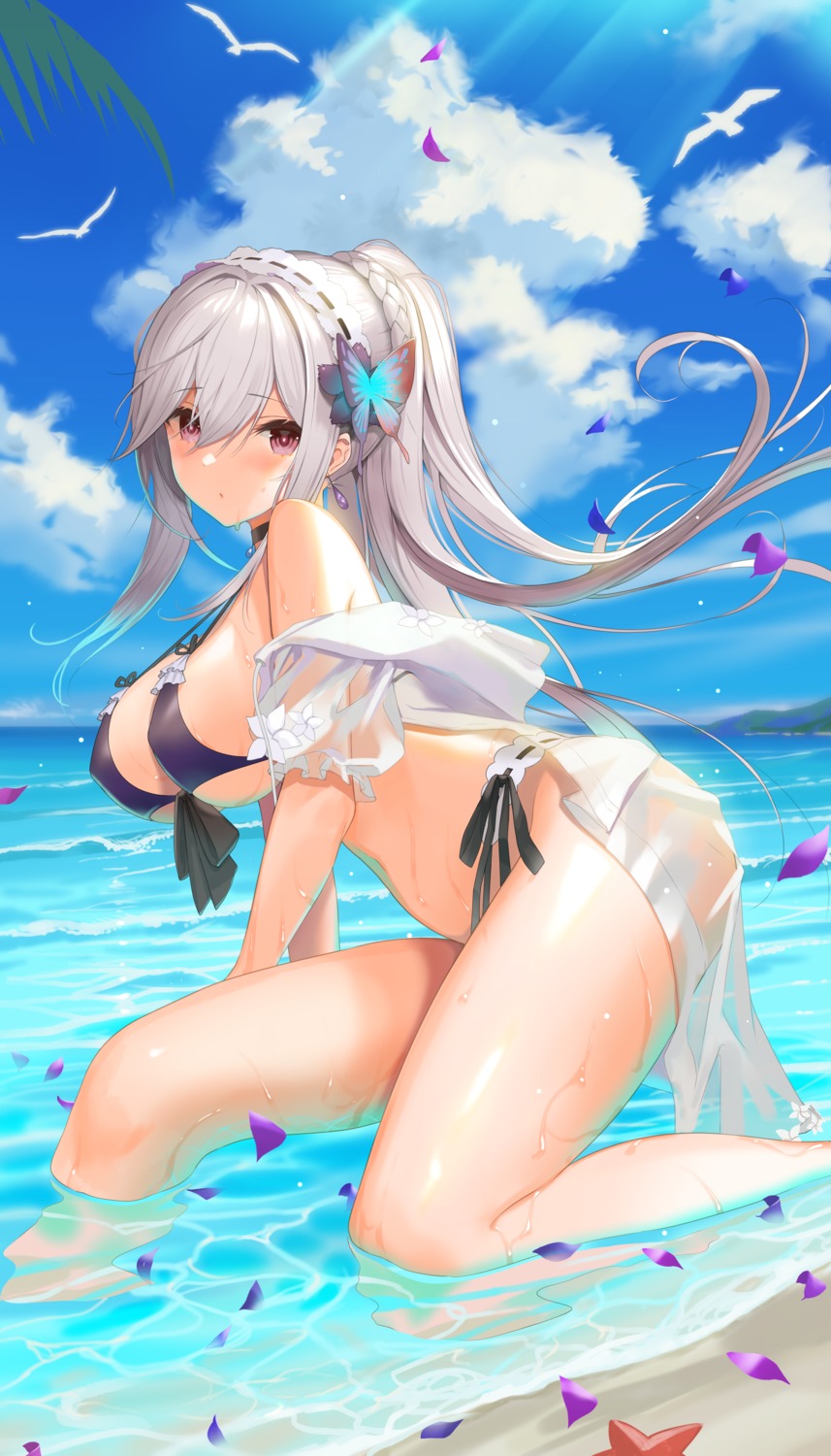 azur_lane bikini dunkerque_(azur_lane) erect_nipples nanam_(nanam_sk) open_shirt see_through swimsuits wet