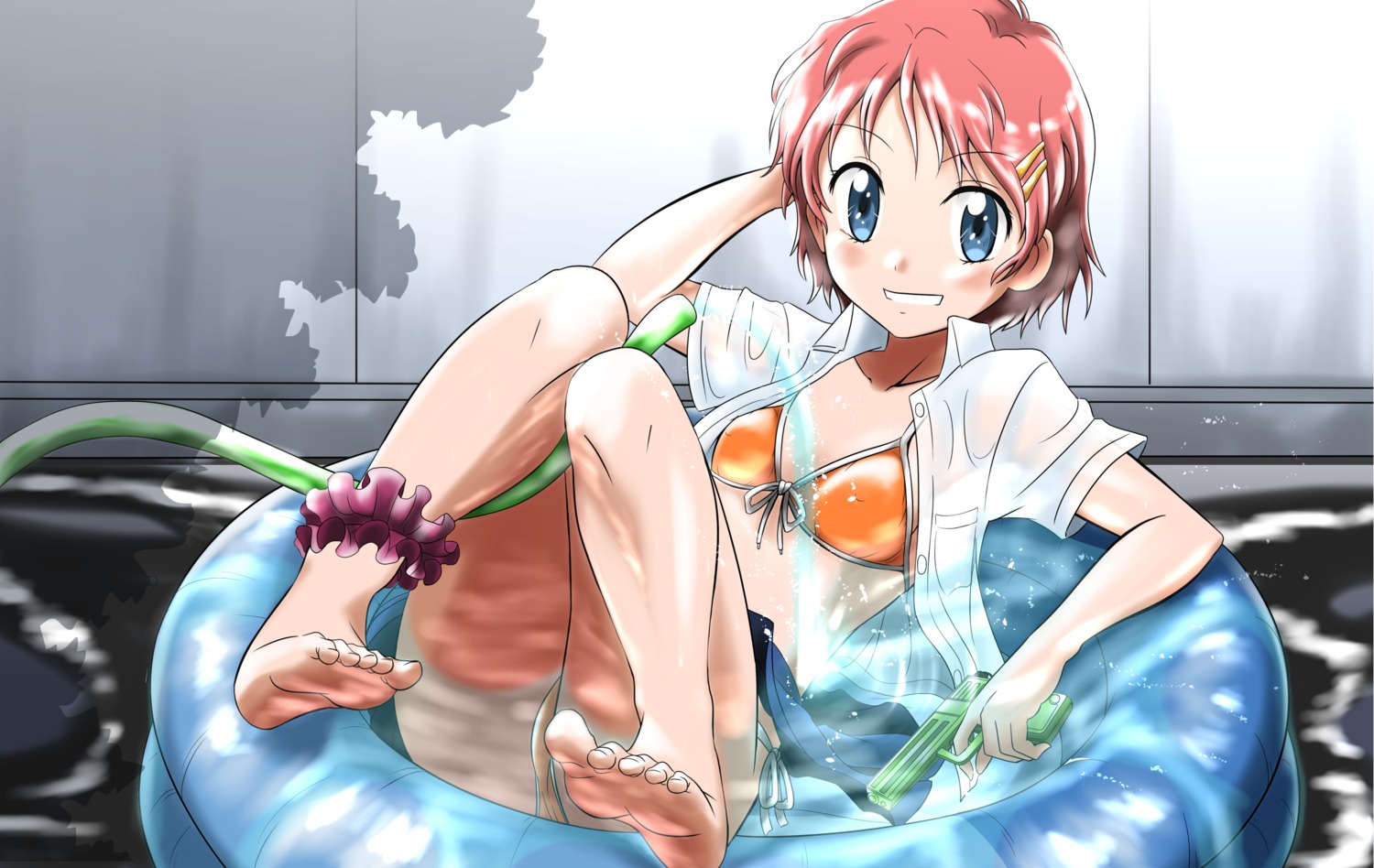 bikini dress_shirt erect_nipples feet garter gun kakkii open_shirt see_through seifuku skirt_lift swimsuits wet wet_clothes