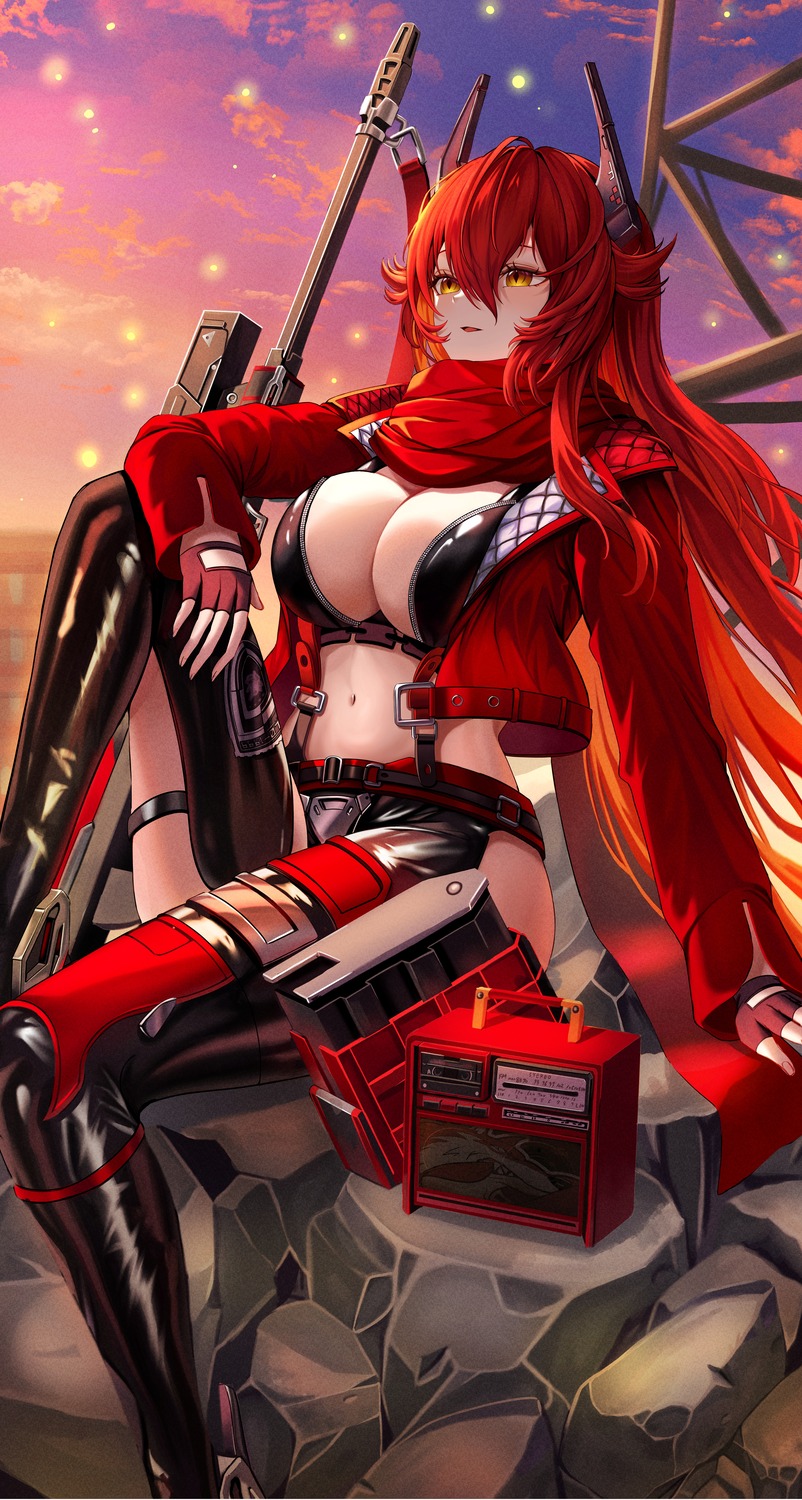 bikini_top garter goddess_of_victory:_nikke gun horns mayo_9_5 open_shirt red_hood_(nikke) swimsuits