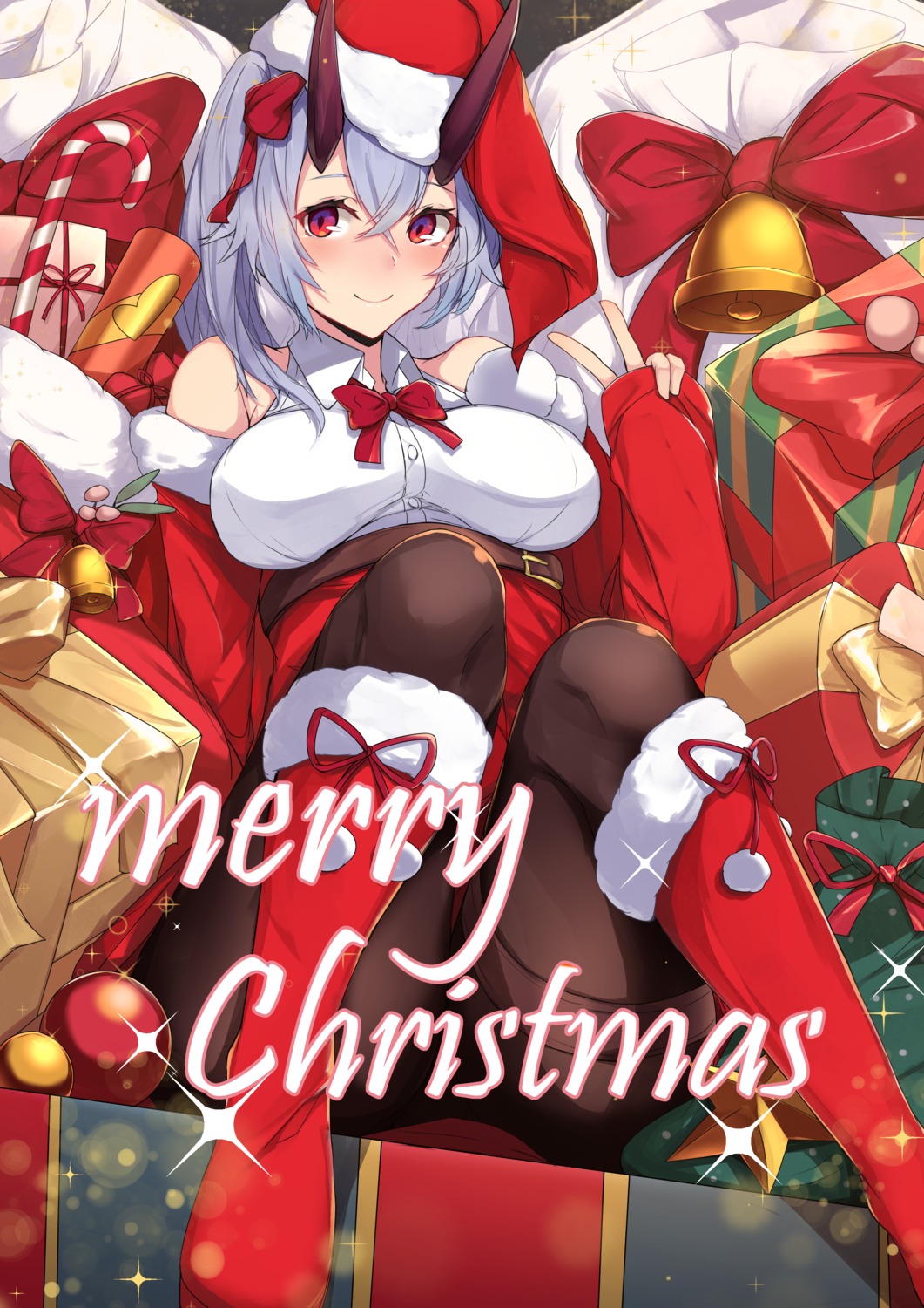 christmas fate/grand_order horns nanakaku pantyhose skirt_lift tomoe_gozen_(fate/grand_order)