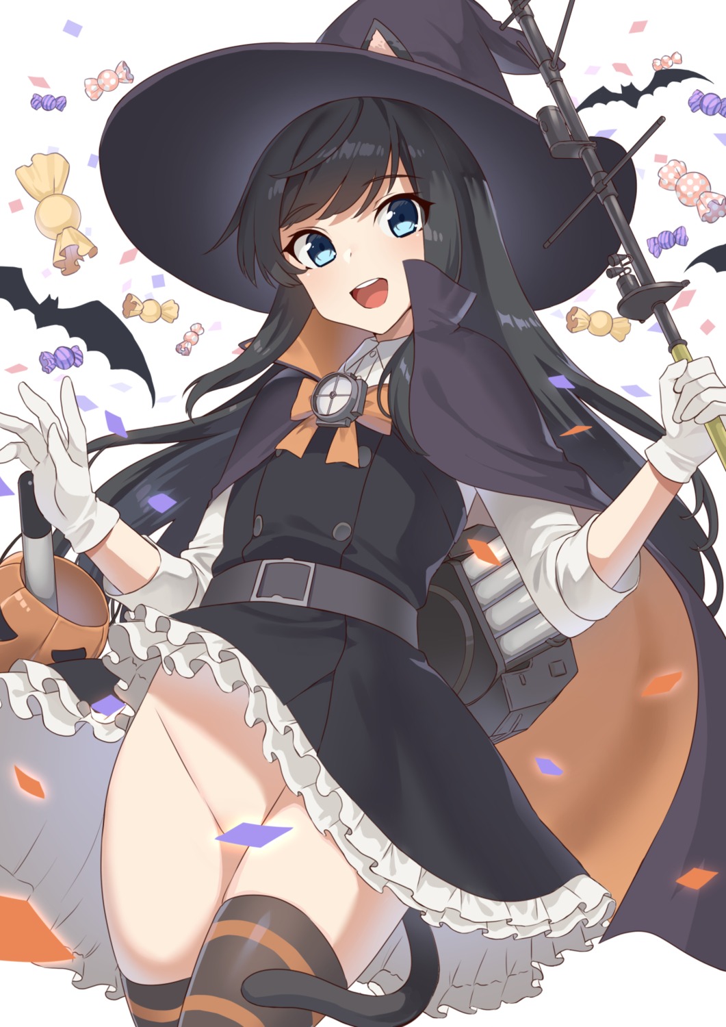 animal_ears asashio_(kancolle) censored halloween kantai_collection mizuki_eiru_(akage_kurage) nekomimi nopan skirt_lift tail thighhighs wardrobe_malfunction weapon witch