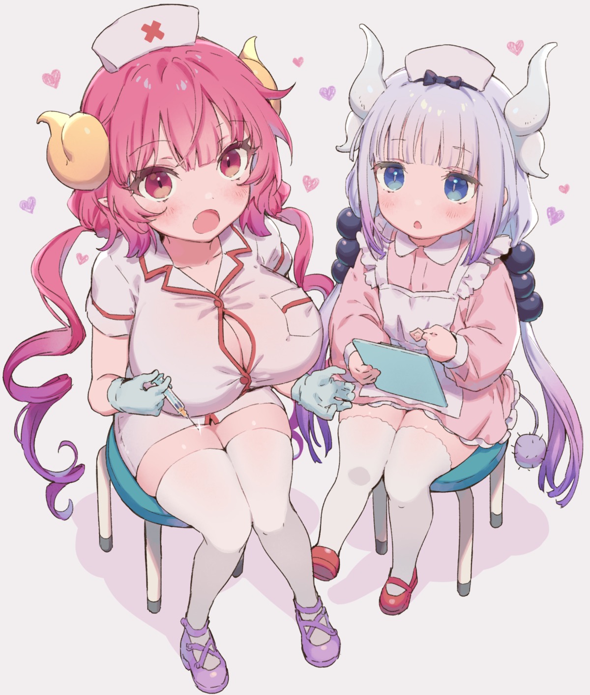 cleavage horns ilulu kanna_kamui kobayashi-san_chi_no_maid_dragon nurse pointy_ears tail thighhighs yutsumoe