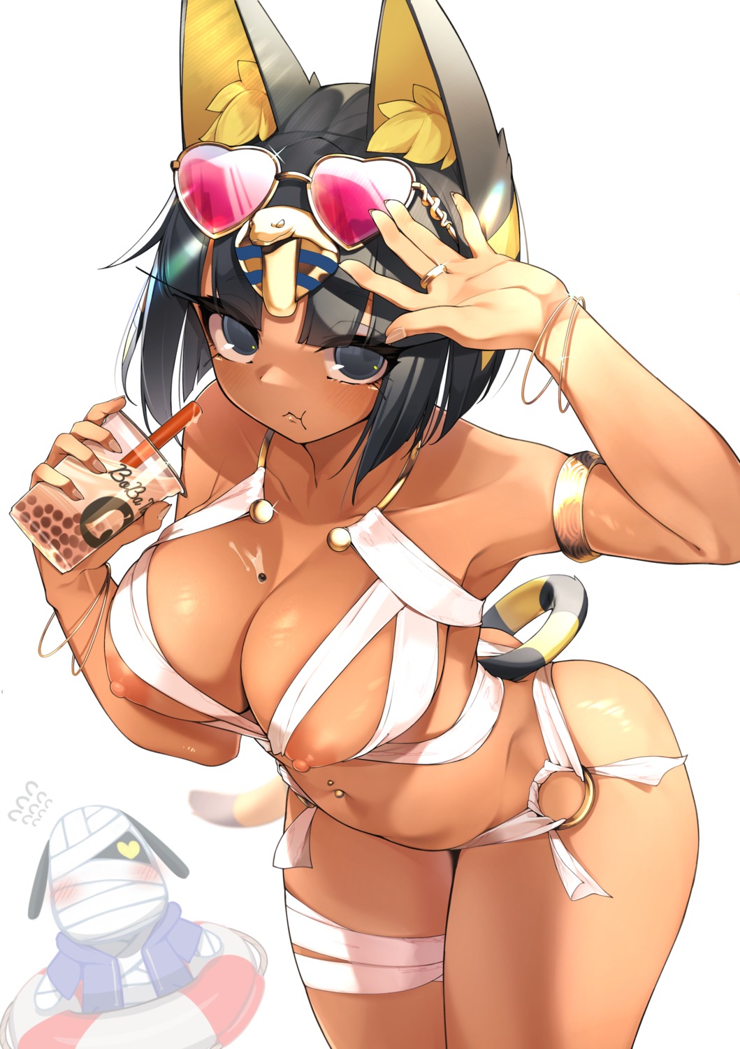 animal_ears anthropomorphization bandages bikini cream doubutsu_no_mori jovejun megane nile_(doubutsu_no_mori) nipples swimsuits tail