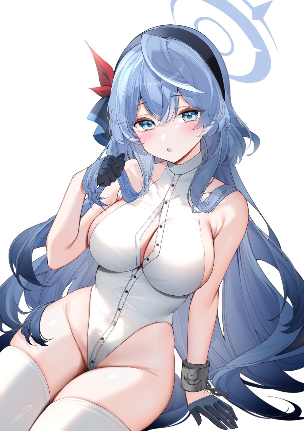 amau_ako blue_archive halo leotard no_bra open_shirt thighhighs yukineko1018