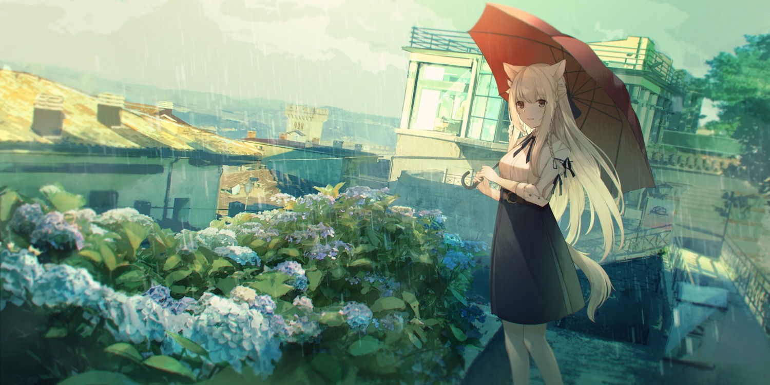 animal_ears landscape sagiri_(ulpha220) tail umbrella wet