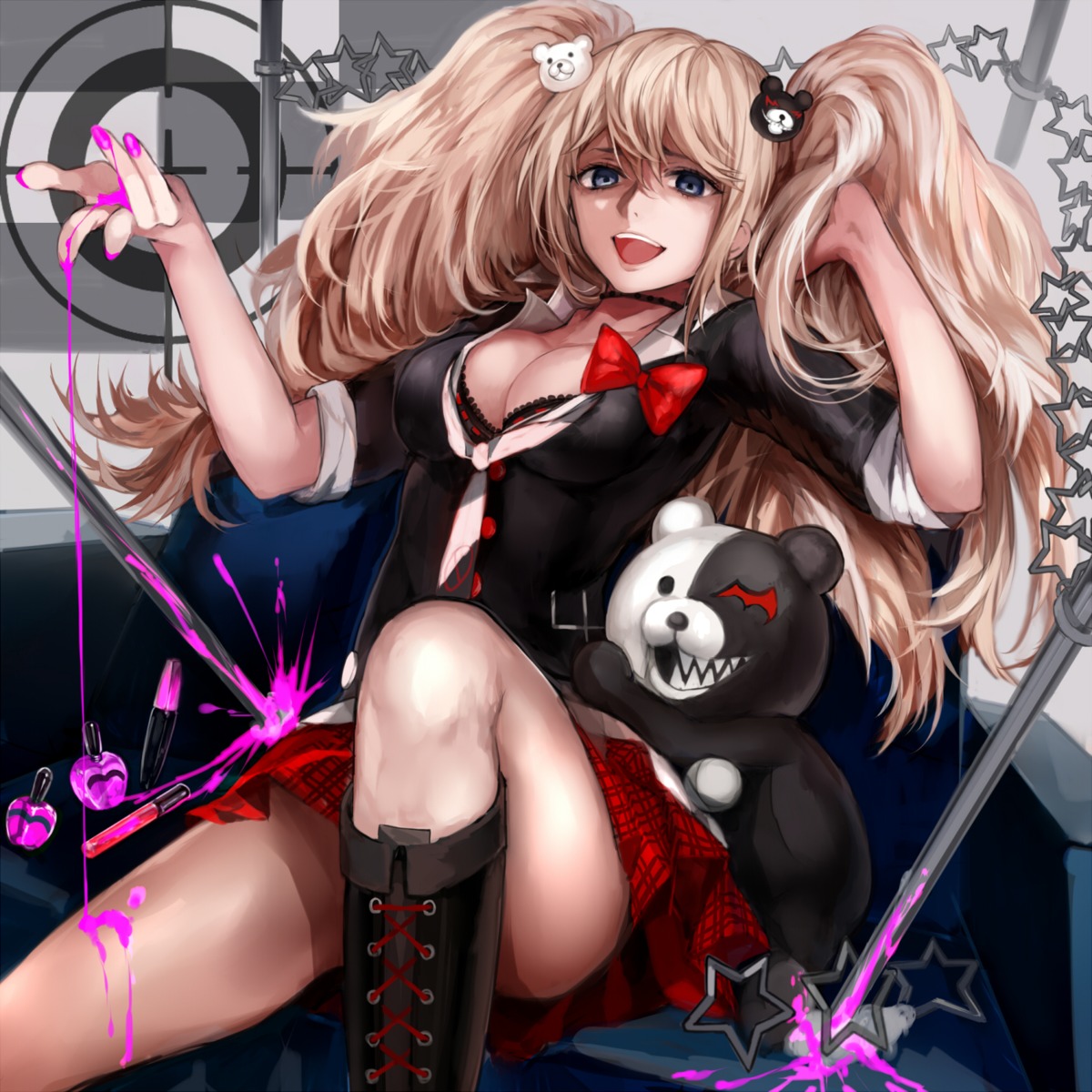 blood bra cleavage dangan-ronpa enoshima_junko monokuma seifuku stockings tcb thighhighs