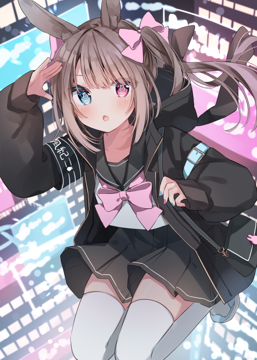 animal_ears bunny_ears heterochromia pirorikin seifuku skirt_lift thighhighs