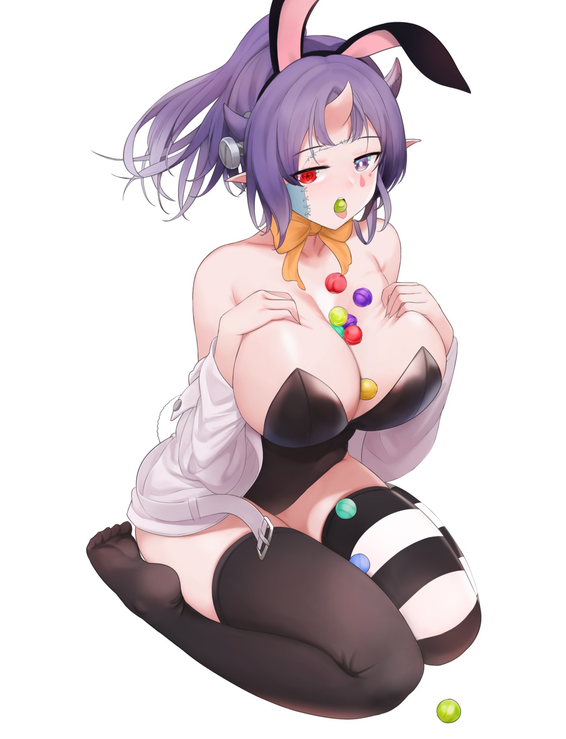 animal_ears bunny_ears bunny_girl heterochromia horns no_bra pointy_ears riba thighhighs