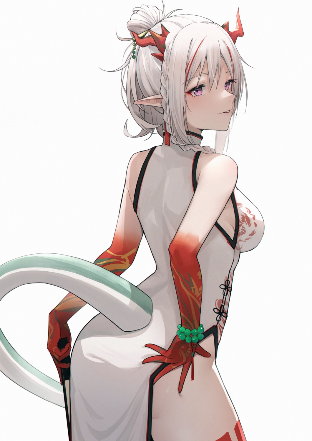 arknights chinadress horns nian_(arknights) pointy_ears tail tattoo ying_jing_meng