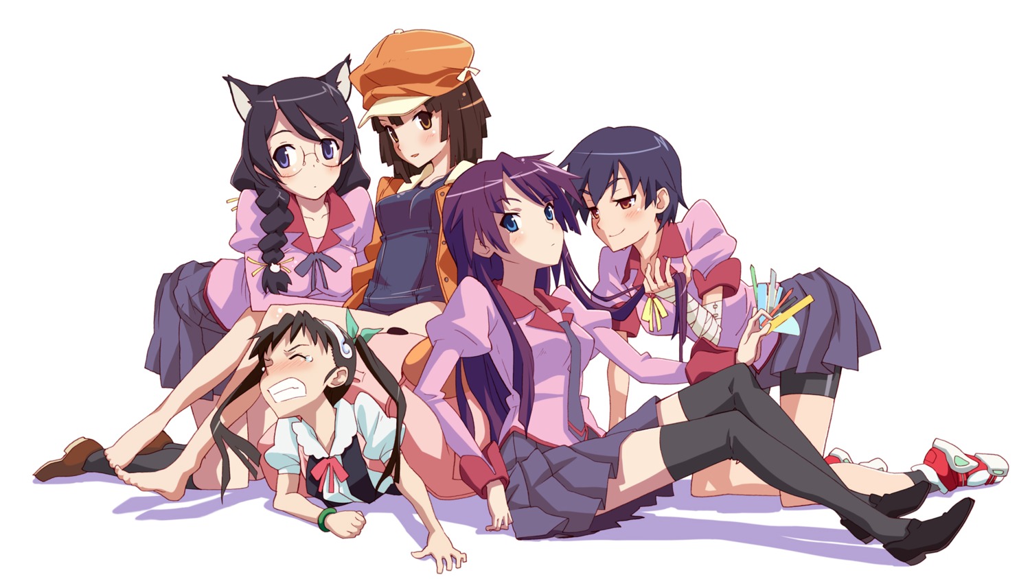 animal_ears bakemonogatari hachikuji_mayoi hanekawa_tsubasa kanbaru_suruga katochin megane nekomimi seifuku sengoku_nadeko senjougahara_hitagi thighhighs wallpaper