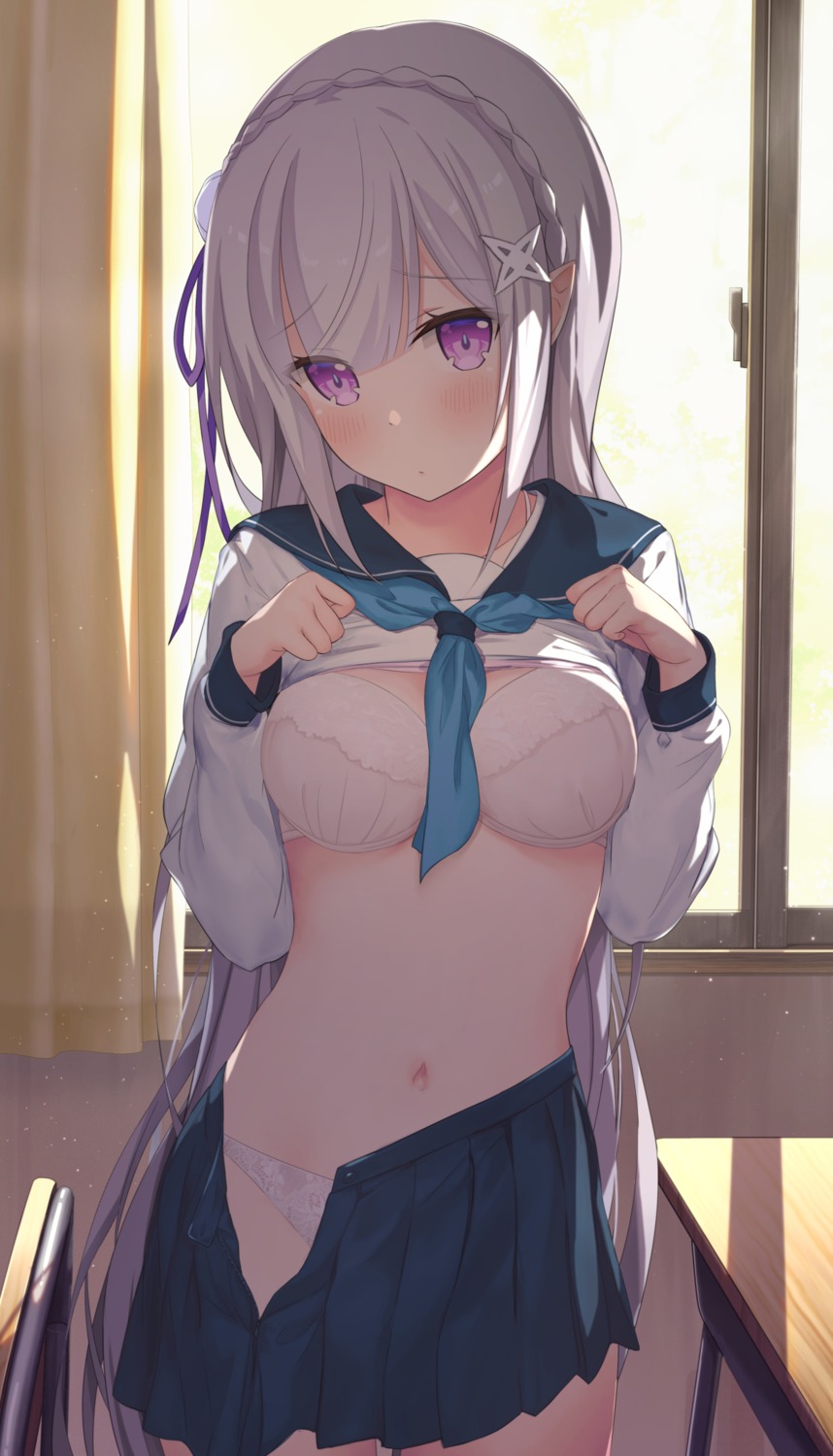 bra echiru elf emilia_(re_zero) pantsu pointy_ears re_zero_kara_hajimeru_isekai_seikatsu seifuku shirt_lift undressing