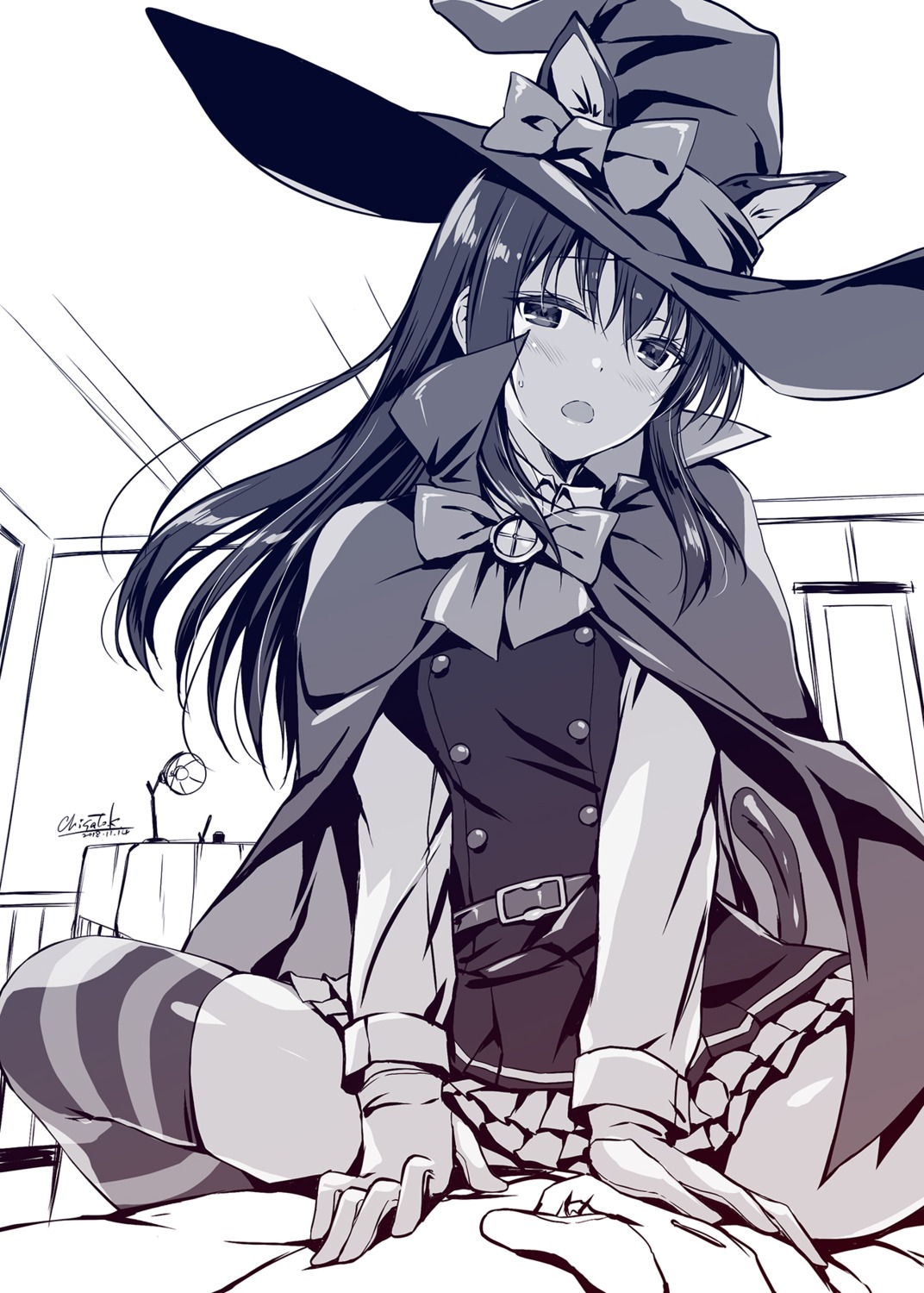 animal_ears asashio_(kancolle) halloween kantai_collection kobayashi_chisato monochrome tail thighhighs witch