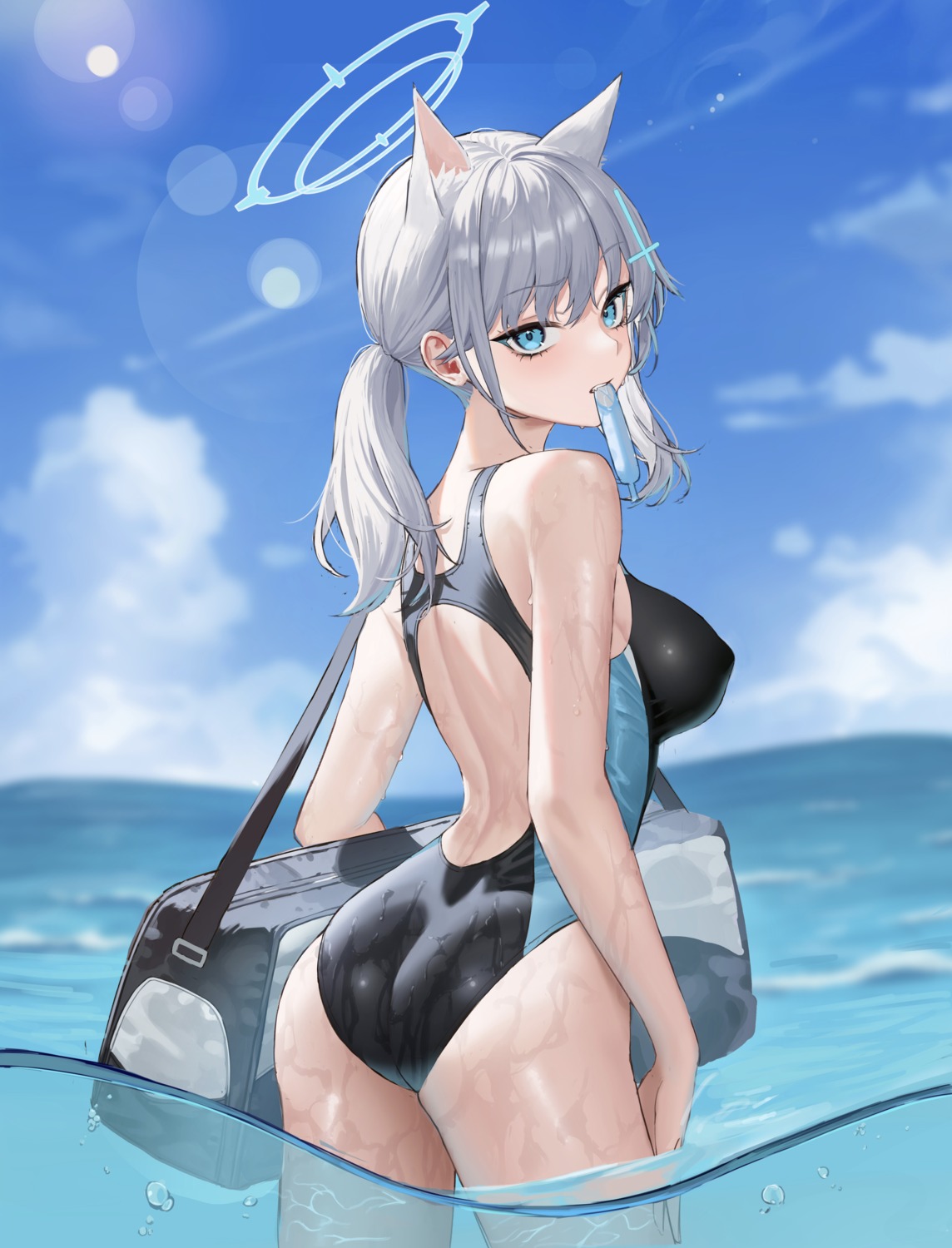 animal_ears ass blue_archive halo nekomimi qing_sena sunaookami_shiroko swimsuits wet