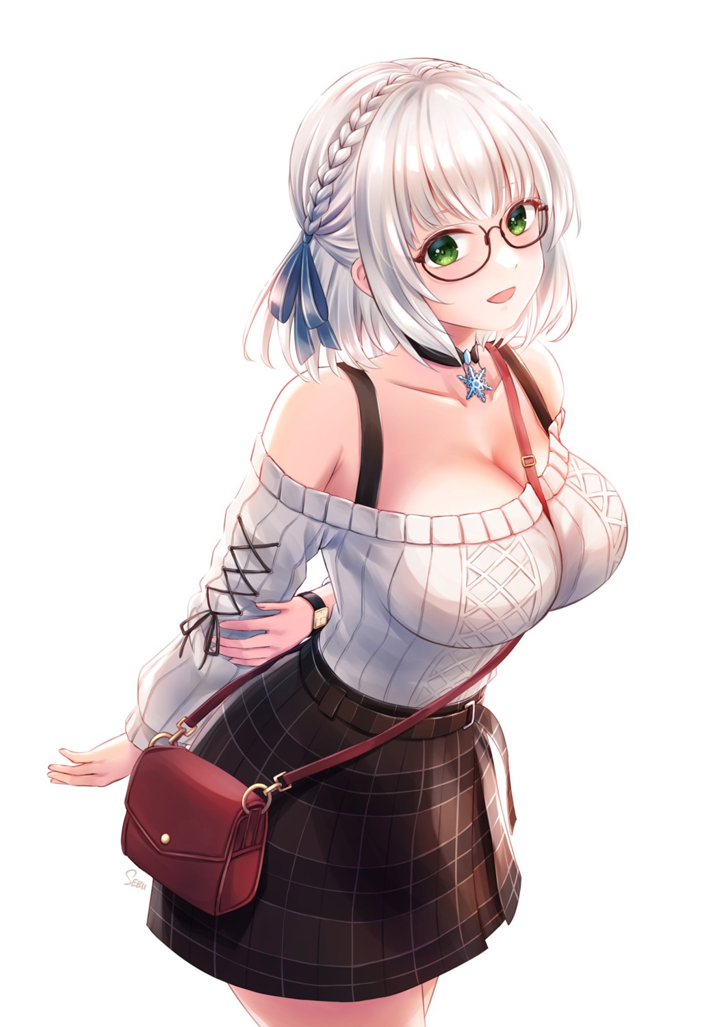 cleavage hololive megane sebu_illust shirogane_noel sweater