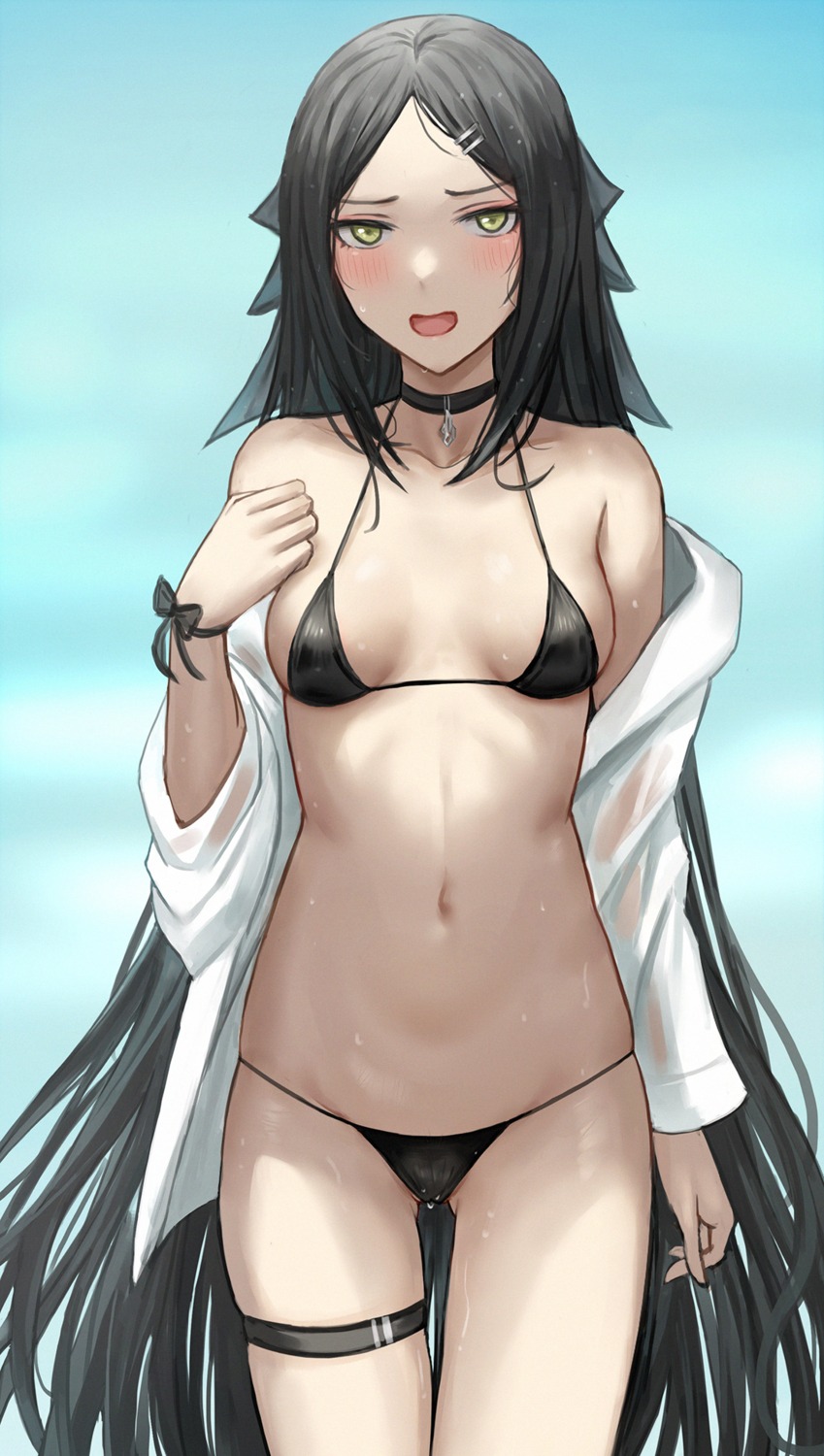 bikini cameltoe dreamer_(girls_frontline) garter girls_frontline open_shirt see_through selcky swimsuits wet wet_clothes