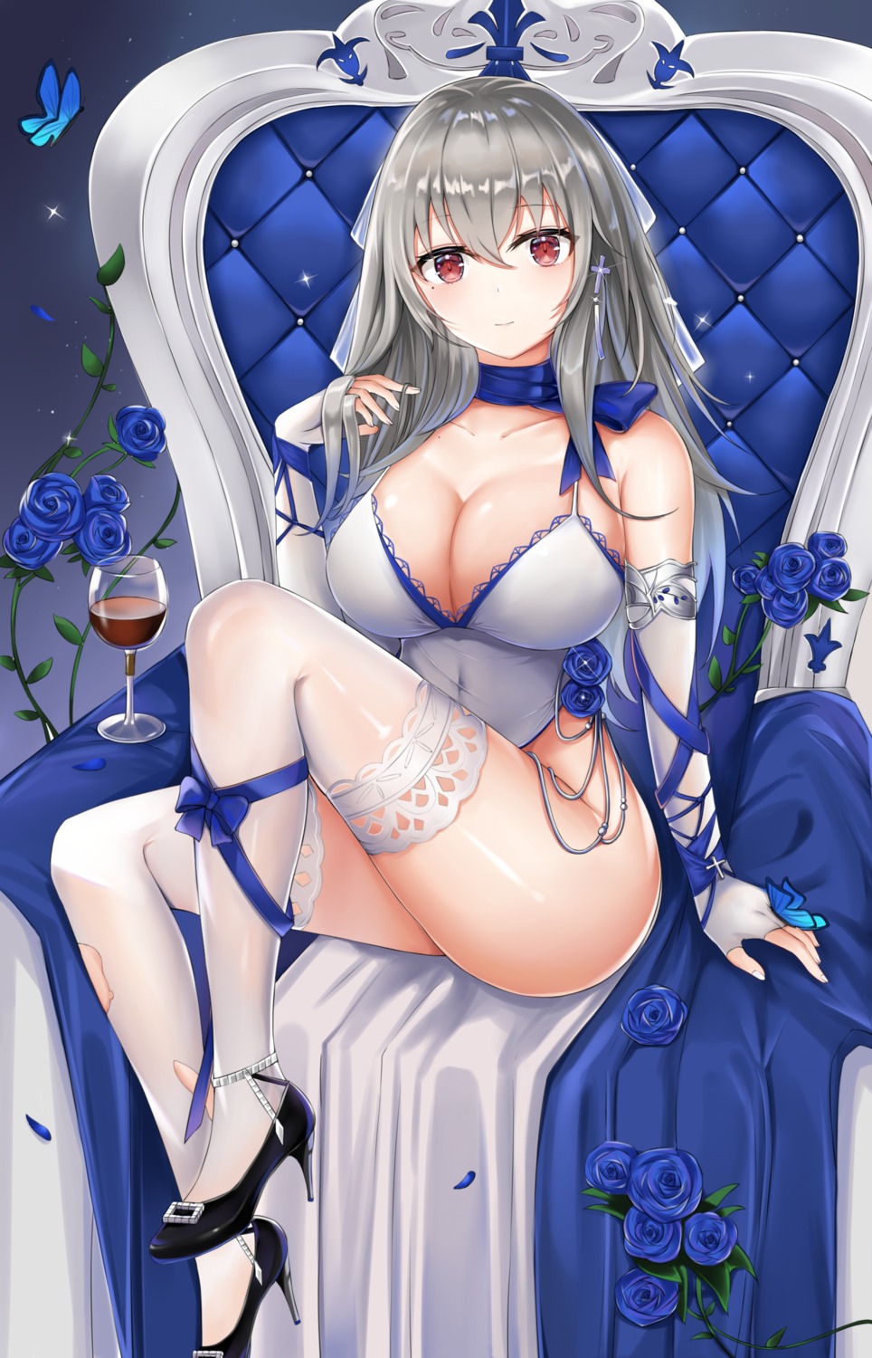 azur_lane cleavage dress heels kudakechiru_kajou no_bra nopan saint_louis_(azur_lane) thighhighs